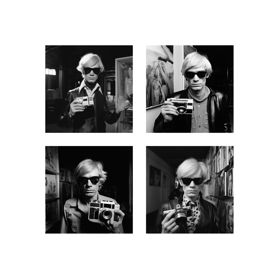 A black and white portrait of ___ with a camera