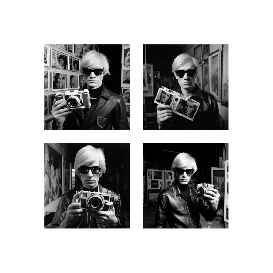 A black and white portrait of ___ with a camera
