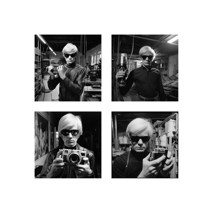A black and white portrait of ___ with a camera