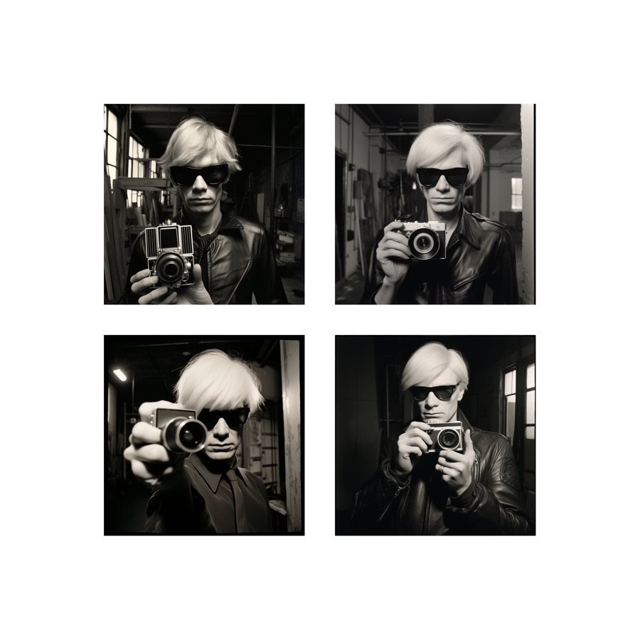 A black and white portrait of ___ with a camera
