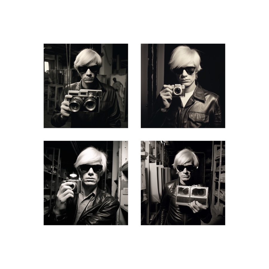 A black and white portrait of ___ with a camera