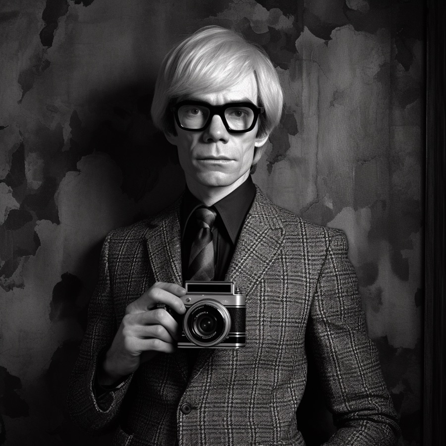 A black and white portrait of ___ with a camera