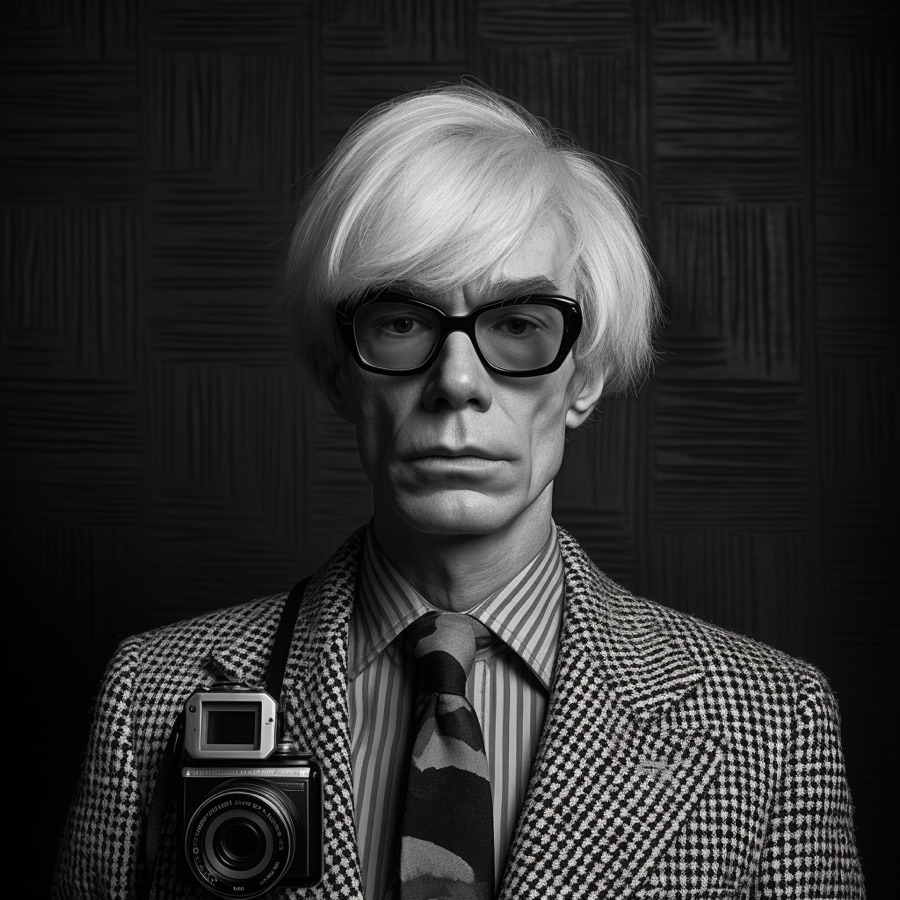 A black and white portrait of ___ with a camera