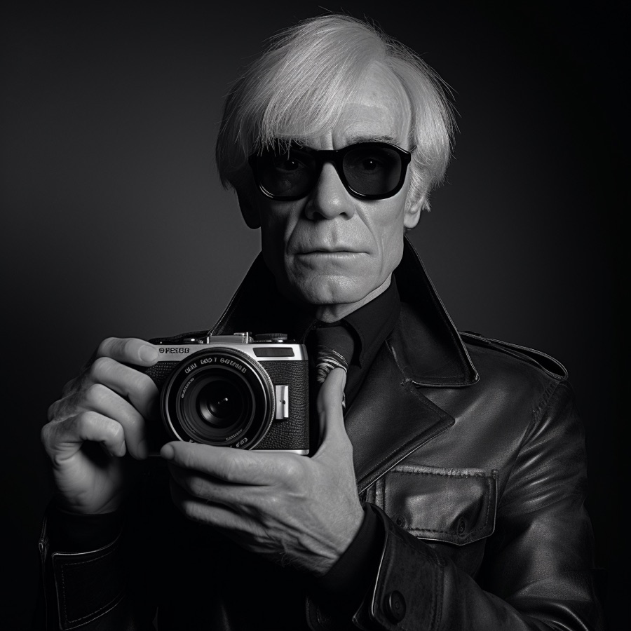 A black and white portrait of ___ with a camera