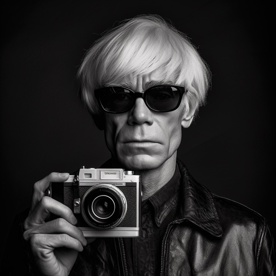 A black and white portrait of ___ with a camera