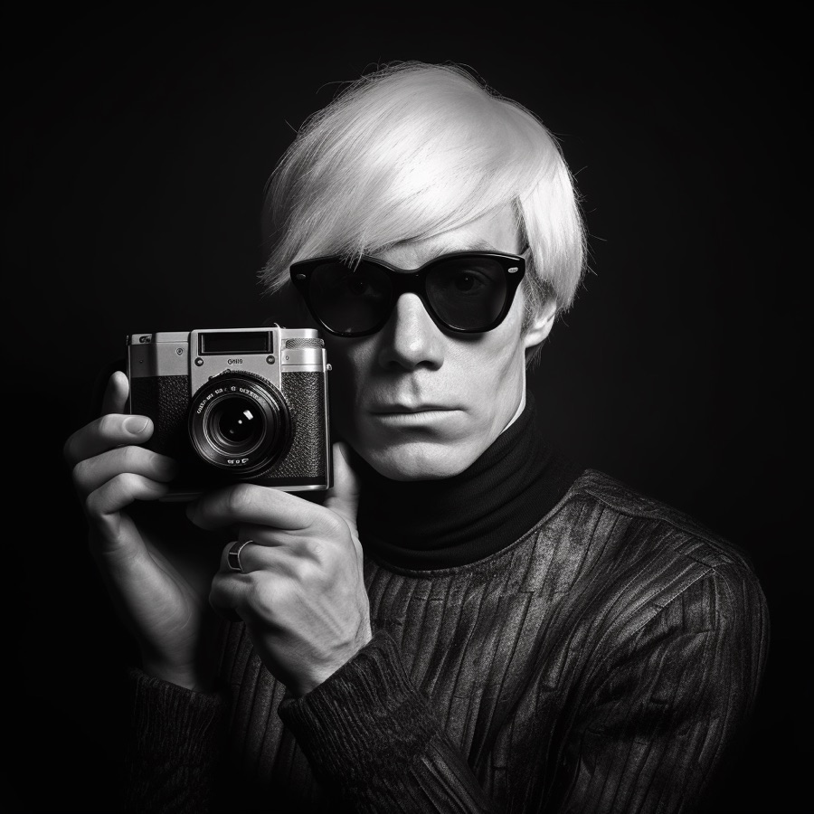 A black and white portrait of ___ with a camera