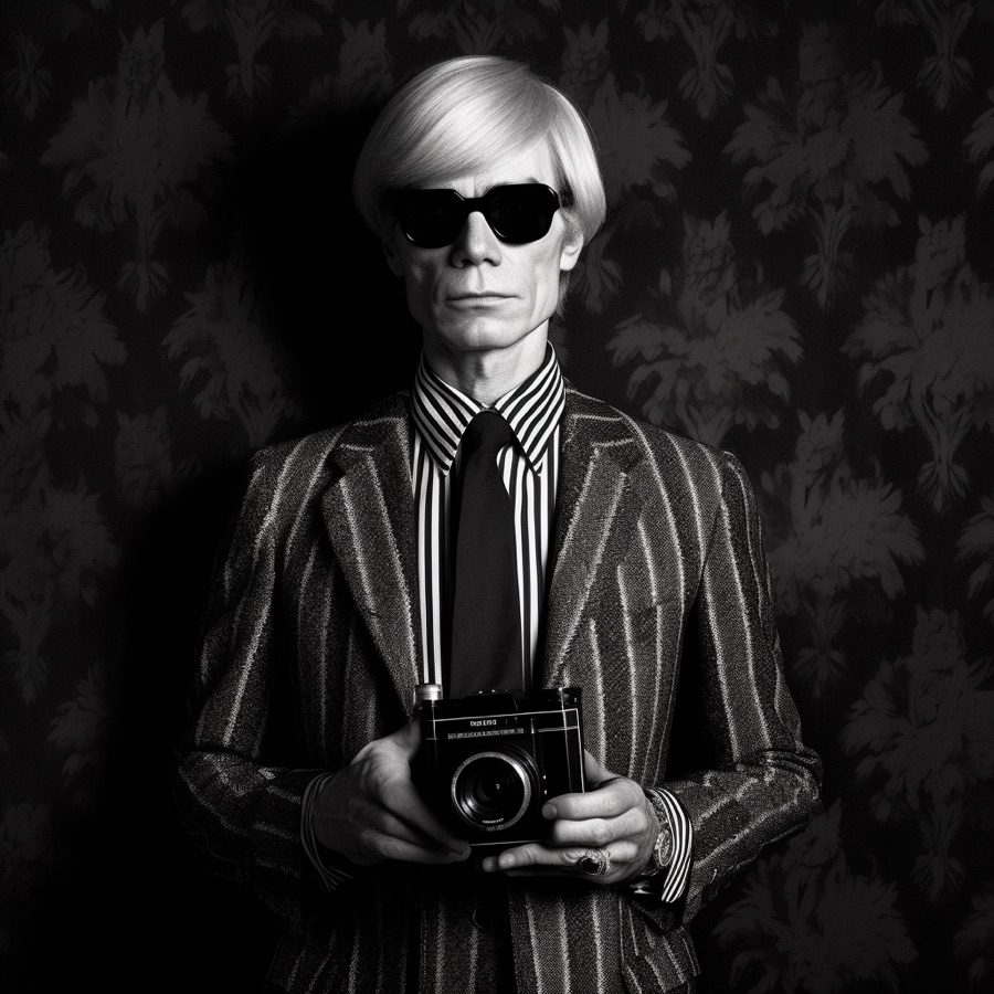 A black and white portrait of ___ with a camera