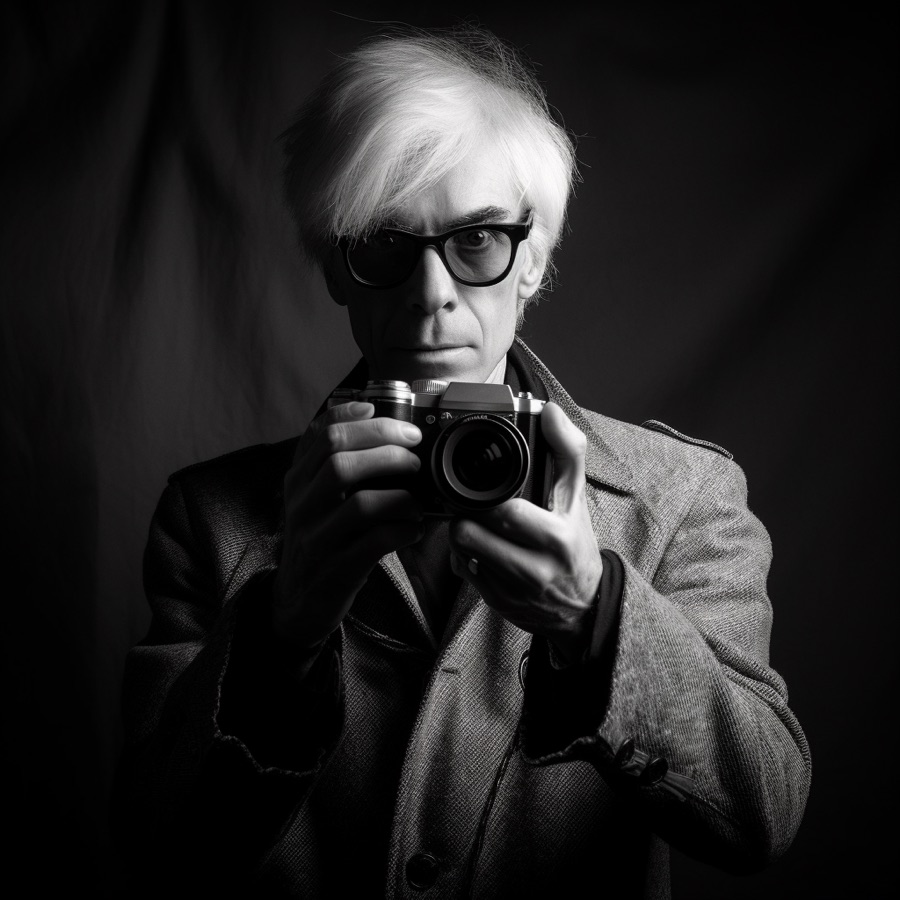 A black and white portrait of ___ with a camera