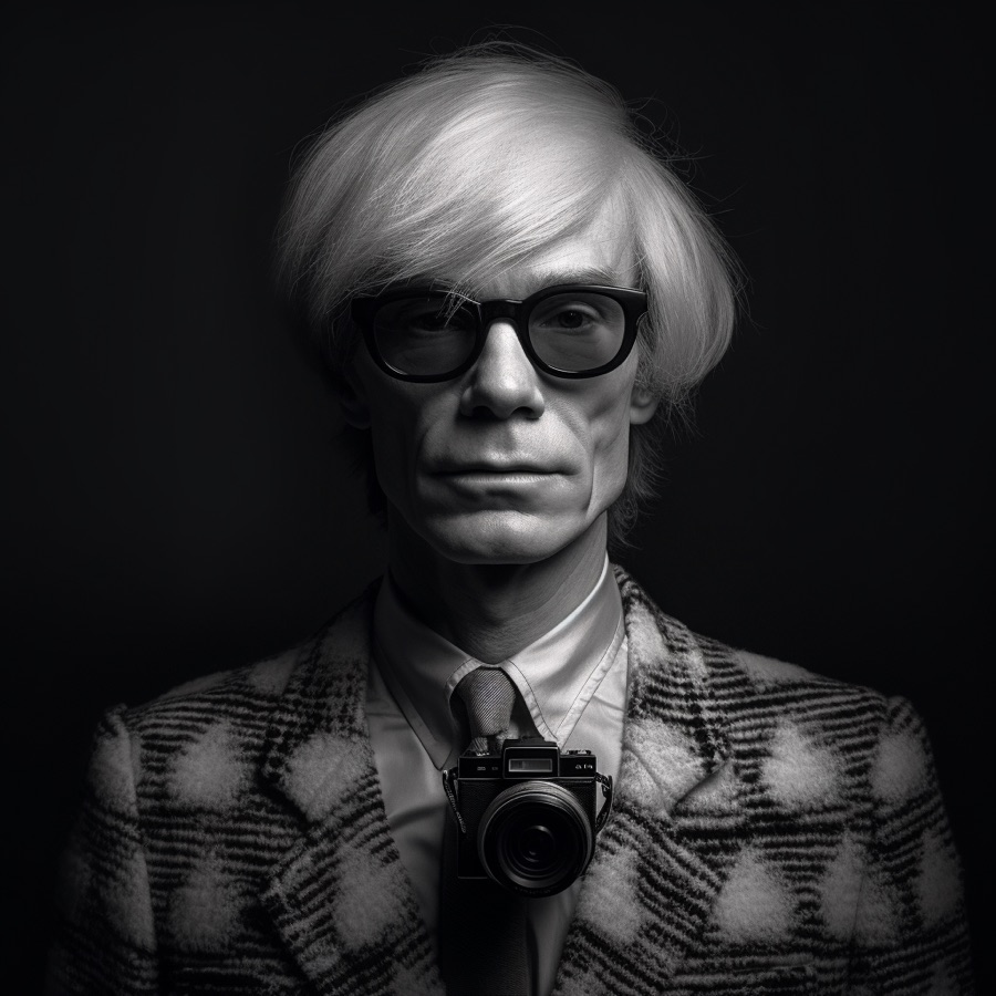 A black and white portrait of ___ with a camera